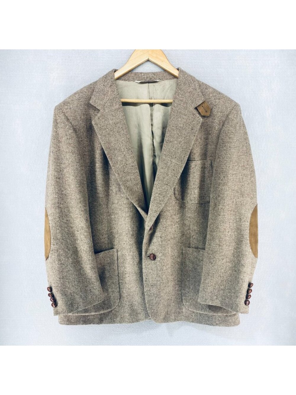 Vintage 90s Tweed Blazer Mens 44S Beige Wool Elbow Patch Western Jacket